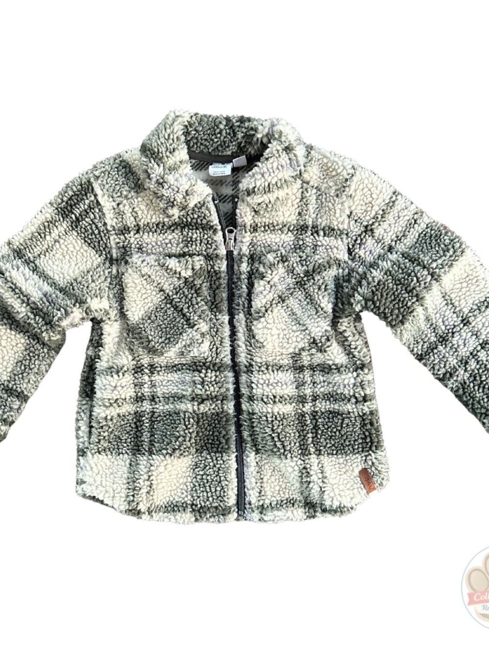 Deux par Deux Kids Sherpa Fleece Fall Coat - Grey-Green & Cream Plaid Size 4